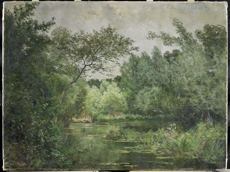 René-Maurice Fath: “L'étang sous bois ; Château de Maisons-Laffitte”, 1897, oil on canvas, Dimensions: H. 106 cm; l. 140.7 cm (without frame); H. 116 cm; l. 153 cm (with frame), Current location: Abbeville ; musée Boucher de Perthes. Bel Art, Arte Van Gogh, Green Paintings, Art Classique, Art Et Illustration, Vintage Poster Art, Classical Art, Pretty Art, Impressionism