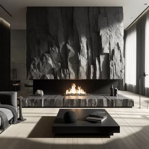 Textured design fireplace #камины #современныйдизайн #интерьер #модныйинтерьер #уютныйинтерьер #современныйинтерьер #идеидляинтерьера #стильинтерьера #оформлениеинтерьера Fireplace Stone Wall, Fireplace Cladding, Luxury Villa Interior Design, Interior Stone Walls, Luxury Villa Interior, Tropical Style Interior, Faux Stone Walls, Design Fireplace, House Wall Design