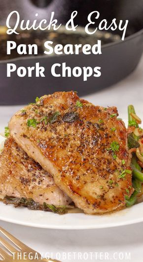 These perfect pan seared pork chops are an easy pork dinner recipe that is so flavorful! Boneless or bone in pork chops are smothered in butter, garlic, and olive oil to create a juicy sauce, then seared in a cast iron skillet. This simple recipe can be elevated with other ingredients like balsamic, honey, apples or mushrooms, but it's such a classic and delicious way to enjoy juicy pork cuts! #gayglobetrotter #pork #porkchop #porkchops #recipe #seared #pansearedporkchops Easy Dinner Recipes Pork, Pan Pork Chops, Pan Seared Pork Chops, Bone In Pork Chops, Pan Fried Pork Chops, Boneless Pork Chop Recipes, Homemade Seasoning, Garlic And Olive Oil, Cooking Pork Chops