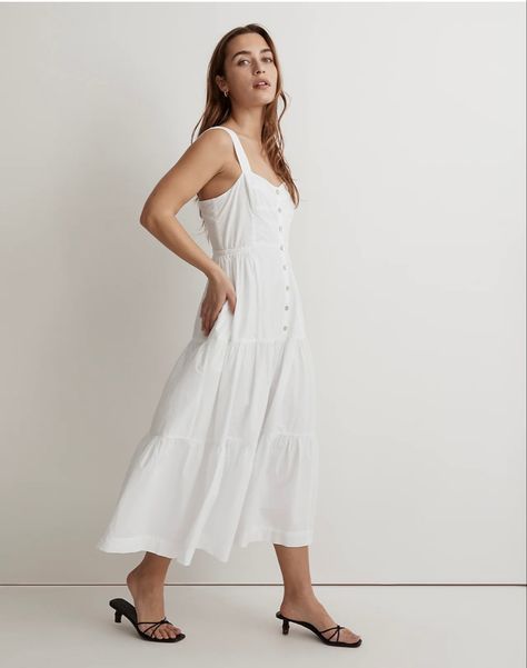 Ethically sourced sustainable spring fashion. Cami Midi Dress, Strapless Midi Dress, Tiered Midi Dress, Cotton Midi Dress, Madewell Dresses, Eyelet Dress, White Eyelet, White Sleeveless, White Midi Dress