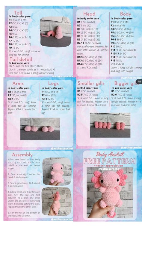 NOT MINE Axolotl Crochet, Baby Axolotl, Crochet Tutorial Pattern, Easy Crochet Animals, Beginner Crochet Tutorial, Quick Crochet Patterns, Pola Amigurumi, Crochet Cow, Crochet Animals Free Patterns