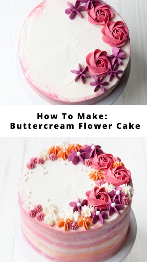 Pretty Flower Cakes Birthday, Easy Flower Birthday Cake Ideas, Beginner Buttercream Cake Designs, Cake Decorated With Macarons And Flowers, Drip Flower Cake, Piping Decorations Cake, Cake Baking And Decorating, Butter Cream Flower Cake Design, Birthday Cake With Blue Flowers