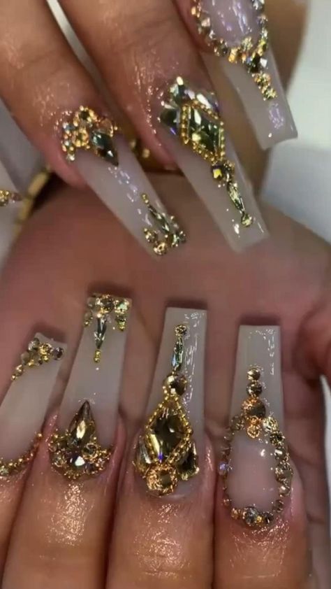 clear white gold gem nails in 2022 | Stylish nails, Acrylic nails, Gold acrylic nails Gold Gem Nails, Nails Quinceanera, Acrylic Nails Gold, Gold Nails Prom, Red Sparkly Nails, White Nails With Gold, Quince Nails, Quinceanera Nails, Nails With Gold