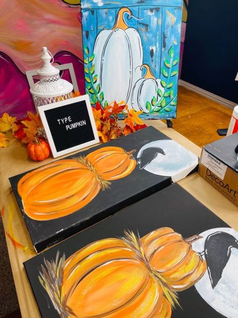 Moon Pumpkin Painting, Paint A Pumpkin, Moon Pumpkin, Pumpkin Outline, Kids Painting Party, Wine Painting, Fall Designs, Texas Art, Party Business