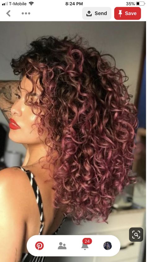 Curly Pink Hair Short, Pink Ombre Curly Hair, Curly Brown Hair With Pink Highlights, Dyed Curly Hair Black Women, Peekaboo Hair Color Curly, Cute Hair Dye Ideas For Curly Hair, Dyed Curly Hair Ideas Colour, Colorful Curly Hair, Curly Pink Hair