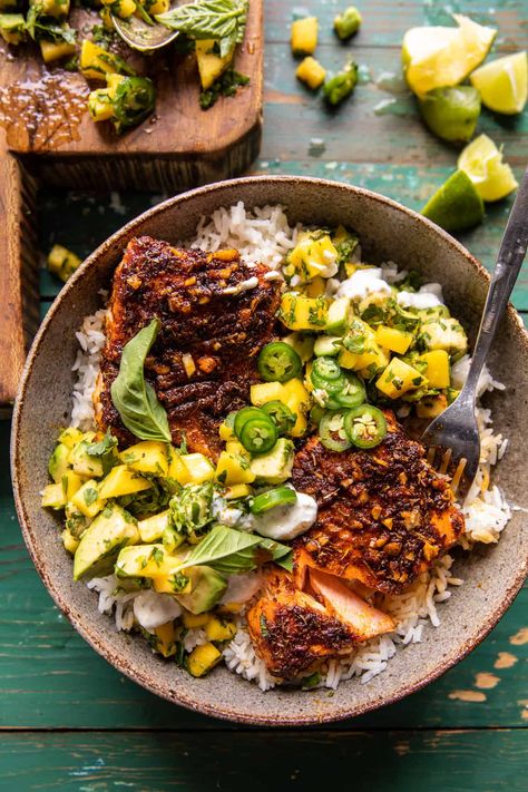 Mango Jalapeno Salsa, Healthy January, Jalapeño Salsa, Salmon Bowls, Half Baked Harvest Recipes, Bbq Salmon, Salmon Rice Bowl, Salmon Rice, Fresh Eats