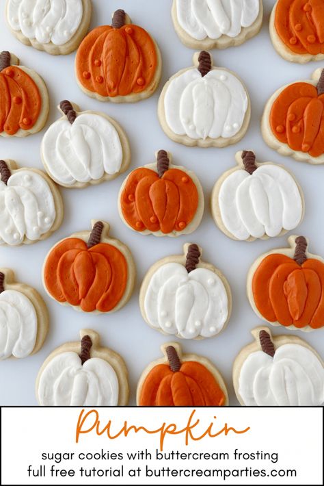 These decorated pumpkin cookies are the perfect go-to fall decorated cookie. The cookies will stand alone amazingly but also mix well with any fall themed cookie set. Find the full step-by-step photo series tutorial and video tutorial at buttercreamparties.com. Decorated Pumpkin Cookies, Pumpkin Sugar Cookies Decorated, Sugar Cookie Buttercream Frosting, Pumpkin Cookies Decorated, Cookies With Buttercream Frosting, Halloween Pumpkin Cookies, Decorated Pumpkin, Pumpkin Buttercream, Pumpkin Sugar Cookies