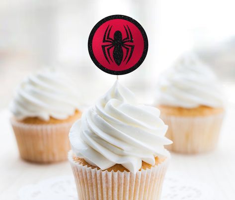 Spider-Man Cupcake Toppers Topper Spiderman Birthday, Topper Spiderman, Spiderman Cupcake Toppers, Spiderman Cupcakes, Spiderman Birthday Cake, Spiderman Miles Morales, Superhero Decorations, Spiderman Miles, Birthday 5