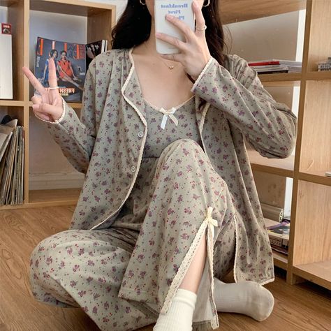 Women Pajamas Set Sling Cotton Pajamas 3 Peices Sleepwear for Women Long Sleeves Breathable Sexy Robe Homewear SexyTop Trousers https://www.awin1.com/pclick.php?p=34847749669&a=1183052&m=6378 Night Pajamas For Women, Pajamas Women Aesthetic, Sleep Wear Aesthetic, Cottagecore Pajamas, Cute Pajamas For Women, Cute Pajama Outfits, Cute Night Outfits, Sleepwear Women Nightwear, Pajamas Outfit