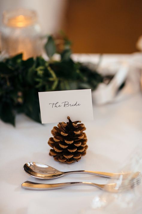 Pinecone Name Holder Wedding, Pine Cone Table Names, Pine Cone Name Places, Pine Cone Wedding Table Decorations, Pine Cone Place Setting, Place Name Ideas Christmas, Pinecone Name Holder, Pine Cone Table Setting, Pine Cone Name Card Holders