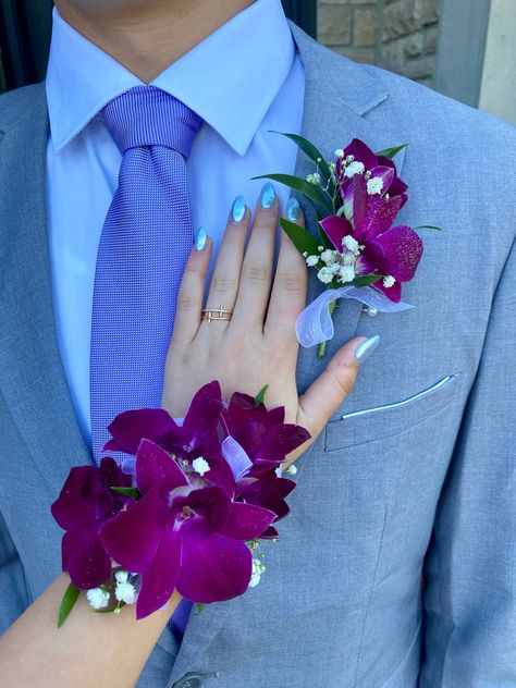 Blue, purple, orchid Prom Attire, Corsage And Boutonniere, Flower Corsage, Orchid Flower, Boutonniere, Orchids, Wedding Flowers, Prom, Flowers