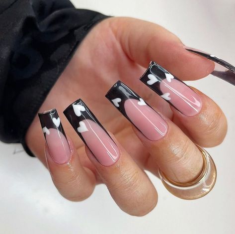 Nail Blocks on Instagram: “Choose your favorite 💗 Nail Artists : @kelseymarchnails For more beautiful nails check @nailblocks Tags: #nail_me_good #nailtechlife…” Nail French Tip Designs Black, Blk French Tip Nails, Black French Tip Nails Coffin Long, Unique Black Nail Designs, Black Valentines Nail Designs, Black French Tip Nails Square Medium, Black Nails Red Design, Black French Design Nails, Black French Tip Nails With Heart