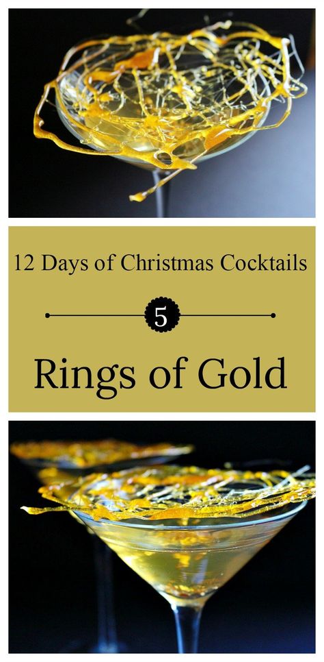 Day 5 of the 12 Days of Christmas cocktails | A gold cocktail made with  Winter Jack, apple cider, and orange bitters, with a spun sugar gold topping.  via @CorkForkPassprt Gold Drinks Alcohol, Five Golden Rings, Drink Recipies, Perfect Martini, Gold Drinks, Art Cocktail, Booze Cruise, Orange Bitters, Drink Garnishing