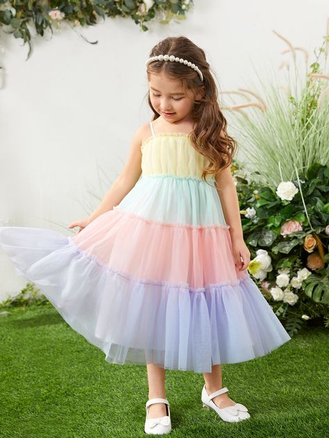 SHEIN Toddler Girls Colorblock Frill Trim Mesh Cami Dress Girls Rainbow Dress, Rainbow Dress Kids, Rainbow Dress Girl, Vestidos Color Pastel, Dress Anak, Mother Daughter Dress, Kids Dress Wear, Baby Dress Design