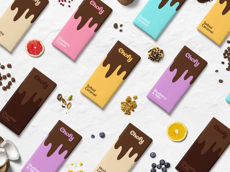 Chofy - Branding & Identity Design for a Chocolate Brand | Colorful, Playful, Hand Lettering Swiss Chocolate Brands, Chocolate Bar Brands, Chocolate Bar Design, Chocolate Packaging Design, Illustrator Design Tutorial, Chocolate Wrappers, Candy Brands, Cool Packaging, Chocolate Design