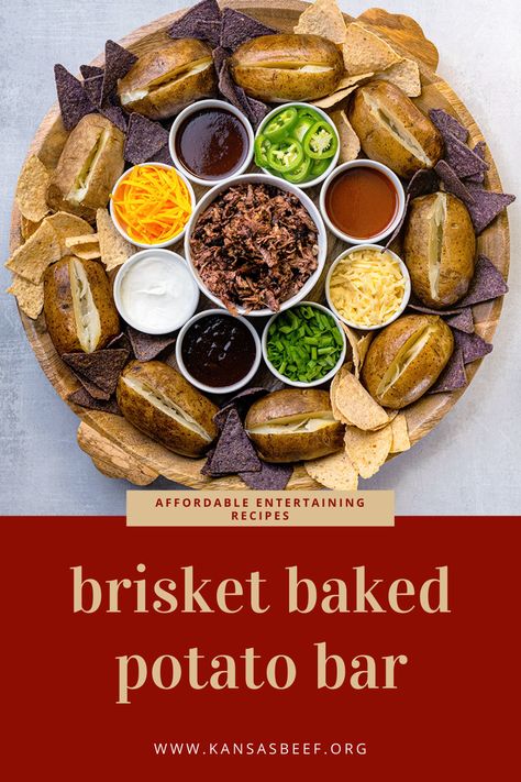 Brisket Party Buffet, Jacket Potato Bar, Potato Soup Bar Ideas, Chili Baked Potato Bar, Baked Potato Bar Wedding, Brisket Baked Potato, Baked Potato Bar Ideas, Loaded Baked Potato Bar, Potato Bar Ideas