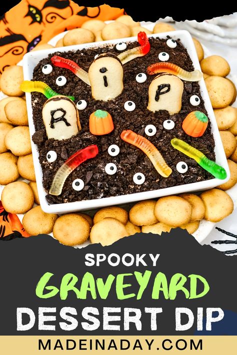 Create the spookiest Dessert Dip Recipe this Halloween! This fun graveyard dirt cake filled with creepy crawlers and silly eyes will be perfect addition to any Halloween spread! halloween dip, graveyard dip, dessert dip easy, graveyard dirt cake Graveyard Dip, Graveyard Dirt Cake, Graveyard Dessert, Dip Dessert, Halloween Spread, Graveyard Dirt, Chocolate Pudding Cookies, Halloween Dip, Dessert Dip Recipes