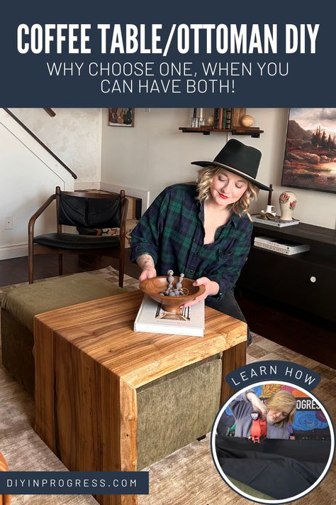 A live edge coffee table fits perfectly over a storage ottoman. Diy Over Ottoman Coffee Table, Ottoman Under Coffee Table, Diy Storage Ottoman Coffee Table, Ottoman Coffee Table Ideas, Over Ottoman Coffee Table, Diy Ottoman Coffee Table, Ottoman Ideas, Coffee Table Bowl, Diy Storage Ottoman