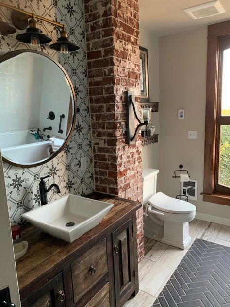 Exposed brick, custom tile, vintage vanity Exposed Brick Bathroom, Brick Bathroom, Full Bathroom Remodel, Basement Bedroom, Basement Bedrooms, Custom Tiles, Full Bathroom, Bathroom Designs, Vintage Vanity