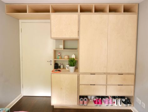 A Plywood Wardrobe for a Modern Flat — The Modern Carpenter Different Color Shoes, Plywood Wardrobe, Modern Flats, Shoes Boxes, Plywood Storage, Bedroom Built Ins, Plywood Interior, Wardrobe Bedroom, Wooden Cupboard