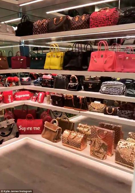 Flashy: They are a total of six shelves lined with purses most people have to save up for 10 years to buy. The most expensive is likely a gray-and-white crocodile Birkin bag. It sells for around $115,000 Kylie Jenner Bags, Style Kylie Jenner, Bag Wardrobe, Sac Michael Kors, Bag Closet, Kylie Jenner Instagram, Luxury Bags Collection, Afrikaanse Mode, Handbag Collection