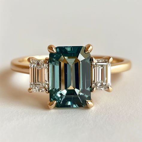 Emerald Cut Teal Sapphire Ethical Engagement Ring Three Stone – Valley Rose Emerald Ring Design, Emerald Cut Sapphire Ring, Gemstone Setting, Gothic Engagement Ring, Dream Rings, Ethical Engagement Ring, Green Sapphire Engagement, Raw Diamond Engagement Rings, Green Sapphire Engagement Ring