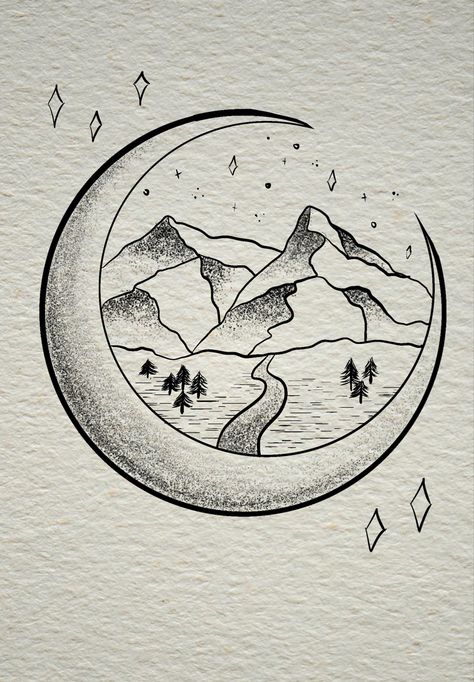 Mountains Wallpaper Hd, River Drawing, Moon Star Tattoo, River Tattoo, Circular Tattoo, Lake Tattoo, Scene Tattoo, Kawaii Cat Drawing, Moon Mountain