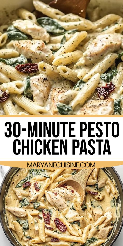 Get dinner on the table fast with this 30-minute pesto chicken pasta. Creamy, satisfying, and loaded with delicious ingredients! Red Pesto Chicken Pasta, Meals With Pesto Sauce, Chicken Pesto Dinner, Basil Pesto Pasta Recipes, Chicken Pesto Pasta Recipes, Pesto Mozzarella Chicken Pasta, Pesto Chicken Recipes, Pesto Pasta Chicken, Pesto Recipes Dinner