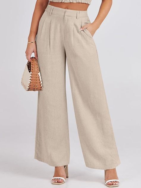 Caracilia Women's Wide Leg Linen Palazzo Pants High Waisted Business Casual Trousers Loose Pleated Dressy Pants with Pocket Linen Palazzo Pants, Model Celana, Business Casual Trousers, Pants High Waisted, Dressy Pants, Linen Pants Women, Casual Trousers, Palazzo Pants, Linen Pants