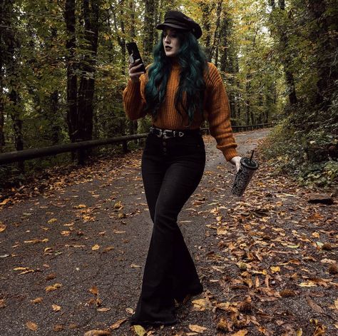 How do you feel about fall coming? 🍂🧙‍♀️ 📸 deathlyberry #fall #autumn #gothautumn #halloween #gothhalloween #witchseason #orangeleaves #Chicago #chicagopunk #altfashion #alternativefashion #gothstyle #punkfashion #altgirl #metalhead #heavymetal #headbanger #gothgirl #goth #emo #chicagoaltscene #chicagogoth #chicagogothgirl #gothsofchicago Outfits With Bell Bottoms, 70s Goth Fashion, Goth Outfits Winter, Groovy Clothes, Ugly Outfits, Contemporary Clothes, Outfits 70s, Alt Outfits, Rodeo Outfits