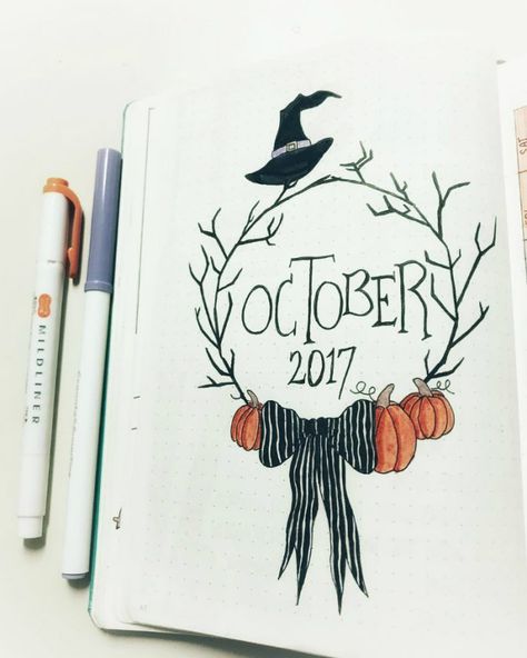 Halloween theme bullet journal layouts including October monthly cover page by @murs_bullets_journal42 Bullet Journal Halloween, Journal D'inspiration, Bullet Journal October, Bullet Journal Month, Bullet Journal 2019, Bullet Journal Cover Page, Bullet Journal Mood, Bullet Journal Planner, Bullet Journal Notebook