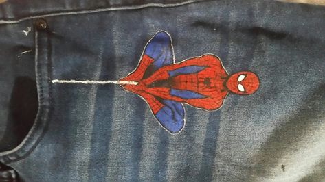 Spiderman Parking Spot, Spiderman Pants, Spider Man Jeans, Spiderman Jeans Diy, Spiderman Painted Jeans, Spider Man Drawing On Converse, Spiderman Jean Jacket, Spiderman Denim Jacket, How To Patch Jeans