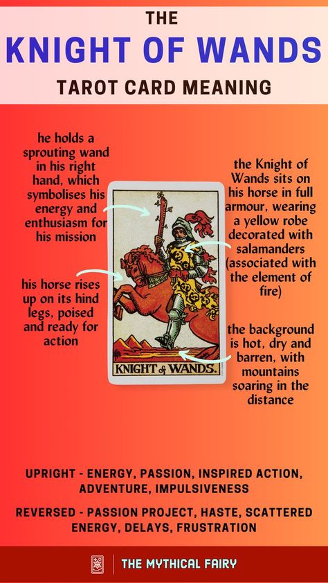 Mount your steed with the Knight of Wands! Symbolizing Energy, Passion & Lust for Life. It's the fiery courage to charge ahead, to seize the day. Feel the thrill of a quest? Click the link to learn about the 78 tarot cards and free tarot readings! Namaste! Knight Of Wands Tarot, Mythical Fairy, Best Tarot Decks, Knight Of Wands, Wands Tarot, 78 Tarot Cards, Learning Tarot Cards, Free Tarot Reading, Tarot Meanings