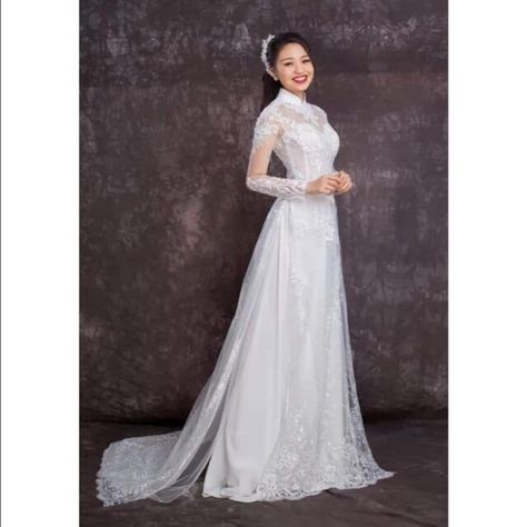 Pre-make Vietnamese Traditional Ao Dai, White Ao Dai With Pant for Girls Women Ao Dai Wedding Party, Bridal Ao Dai, White Dress - Etsy Ao Dai White, Red White Wedding Dress, Bridal Ao Dai, Tea Ceremony Wedding, Vietnamese Wedding Dress, Chinese Fancy Dress, Vietnamese Wedding, Red And White Weddings, Wedding Dresses For Kids