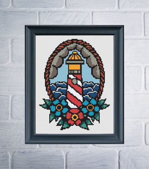 PATTERN Tattoo Lighthouse Cross Stitch Pattern Tattoo Cross Stitch Fish Cross Stitch Nautical Cross Stitch Flower Cross Stitch - Etsy Tattoo Style Cross Stitch Pattern, American Traditional Cross Stitch, Tattoo Cross Stitch Pattern, Traditional Tattoo Cross, Tattoo Lighthouse, Nautical Cross Stitch, Lighthouse Cross Stitch, Fish Cross Stitch, Tattoo Cross