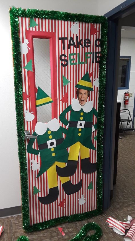 Classroom Door Holiday Decorating Ideas, Office Xmas Door Decorating Ideas, Take An Elfie Door Decoration, Ugly Sweater Door Decorating Contest, Selfie Door Decoration Christmas, Elf Surveillance Door Decoration, Christmas Work Door Decorating Contest, Christmas Themed School Doors, Door Decorating For Christmas Office