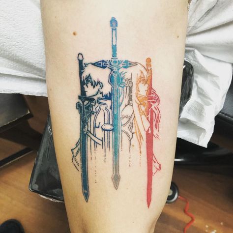 sword art online :) #tatt #tattoo #tattoos #tattooed #tattooing #tattooart #tattooideas #tattooer #tattooist #tattooartist #colortattoo #smalltattoo #videogametattoo #swordartonline #타투 #문신 Sao Tattoo, Tattoo Ideas For Females, Bum Tattoo, Tattoo Anime, Full Leg Tattoos, Tatoo Inspiration, Naruto Tattoo, Kirito Asuna, Inspiration Tattoo