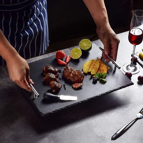 slate stone serving tray cheese platter for cheese cake, beef, BBQ, Pizza #servingboard #cheeseboard Barbecue Pizza, Slate Cheese Board, Dinner Tray, Cheese Board Set, Slate Stone, Drinking Coffee, Fruit Plate, Kitchen On A Budget, Beautiful Textures