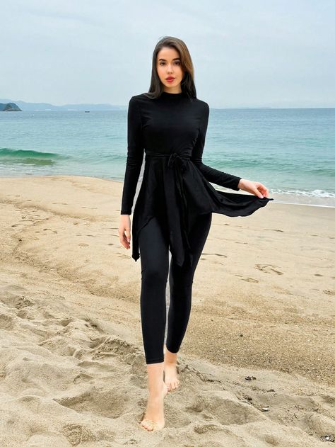 Black Casual Collar   Plain  Embellished High Stretch  Women Clothing Tankini Swimwear, Asymmetrical Hem Top, Fitting Pants, Modest Summer, Womens Tankini, Swimwear Tankini, Swimwear Sets, Tankini Set, Tights Outfit