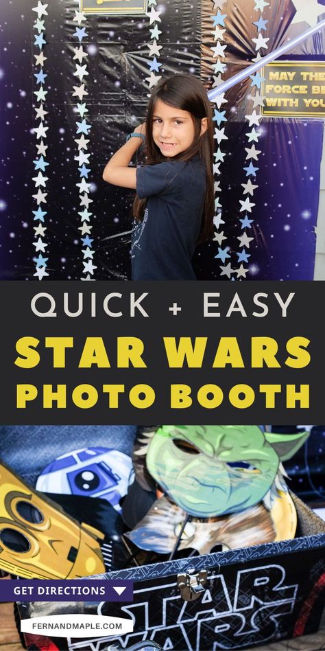 With plenty of light sabers, a galaxy far, far away themed backdrop and fun Star Wars themed masks, you can recreate this fabulous photo booth at home for your May the Fourth Star Wars Party! Get details now at www.fernandmaple.com. Star Wars Themed Party, Star Wars Party Ideas, Star Wars Party Games, Star Wars Party Favors, Star Wars Printables, Diy Star Wars, Star Wars Classroom, Star Wars Theme Party, Star Wars Crafts