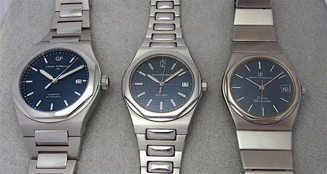 Girard Perregaux - A PuristSPro Exclusive: all 3 Laureato generations with blue Clous de Paris dials side-by- Small Watch, Girard Perregaux, Luxury Watch Brands, Lucky Man, Stylish Watches, Very Happy, Side By Side, Watches Jewelry, Luxury Watch