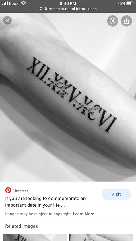 Important Date Tattoos, Tattoos Pulseras, Tattoo Numbers, Tattoo For My Son, Roman Numbers Tattoo, Numbers Tattoo, Memorial Tattoo Ideas, Roman Letters, Roman Numeral Tattoos