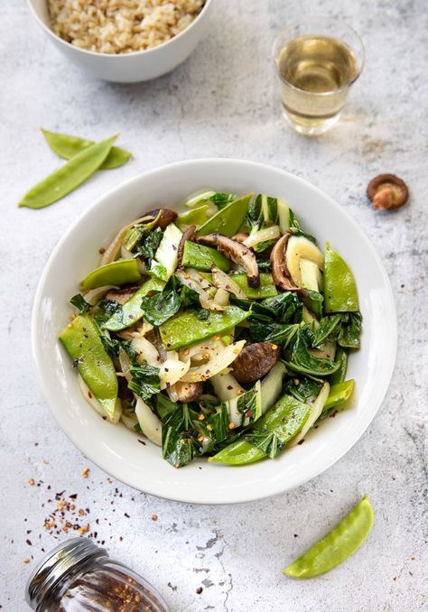 Stir-Fried Bok Choy and Shiitake Mushrooms with Snow Peas - The Vegan Atlas Snow Pea, Brunch Casserole, Avocado Pasta, Avocado Pesto, Vegan Entree, Shiitake Mushrooms, Snow Peas, Veggie Stir Fry, Recipes Appetizers And Snacks