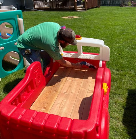 Step two toddler bed repurposed to make sandbox Fire Truck Bed, Firetruck Bed, Cozy Coupe Makeover, Diy Kids Playground, Race Car Bed, Car Bed, Repurposed Items, Backyard For Kids, Sandbox