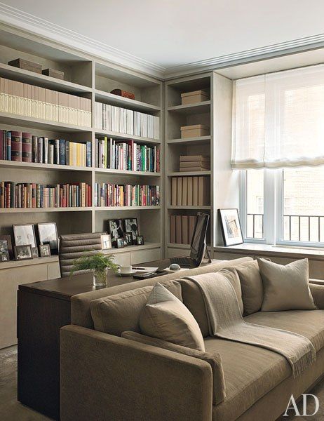 In Andrew’s study, the sofa is covered in a Holly Hunt velvet; the throw is by Calvin Klein Home, the desk chair is by Herman Miller, and the shades are made of a Kravet silk. Living Room Office Combo, Cozy Study, Behind Couch, New York Loft, Office Guest Room, Guest Room Office, Office Couch, Contemporary Office, Office Sofa