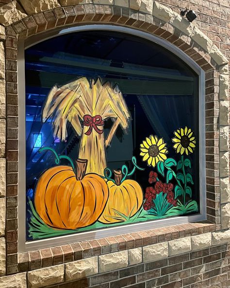 Pumpkin, sunflower, corn stalks Fall Window Scene, Turkey Window Painting, November Window Art, Sunflower Window Display, Sunflower Window Painting, Fall Window Painting Store Fronts, Pumpkin Window Painting, Thanksgiving Window Art, Store Window Painting