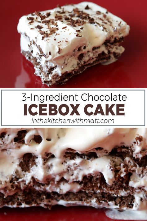 Slice of chocolate icebox cake on a red plate. Chocolate Icebox Cake Recipes, Chocolate Icebox Dessert, Icebox Cake Recipes Graham Crackers, Desserts That Freeze Well, Chocolate Ice Box Cake, Chocolate Wafer Icebox Cake, Chocolate Icebox Pie, Chocolate Icebox Cake, Pops Recipes