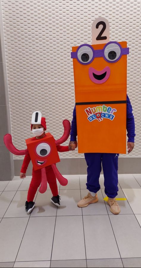 Numberblocks costumes i made for me and my son this year. Number Day Costume Ideas, Fancy Dress Ideas, Block Birthday Party, Block Pumpkins, Number Blocks, Happy Birthday Kids, Day Outfit Ideas, Fall Arts And Crafts, Halloween Scarecrow