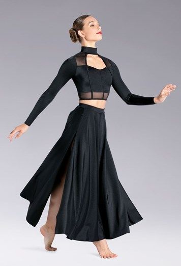 Bustier Cage Strap Top and Skirt Set | Weissman® Black Dance Costumes Contemporary, Black Contemporary Dance Costume, Contemporary Dance Costumes Dresses, Black Maxi Skirts, Contemporary Dance Outfits, Black Dance Costumes, Long Black Maxi Skirt, Solo Dance Costumes, Modern Ballet