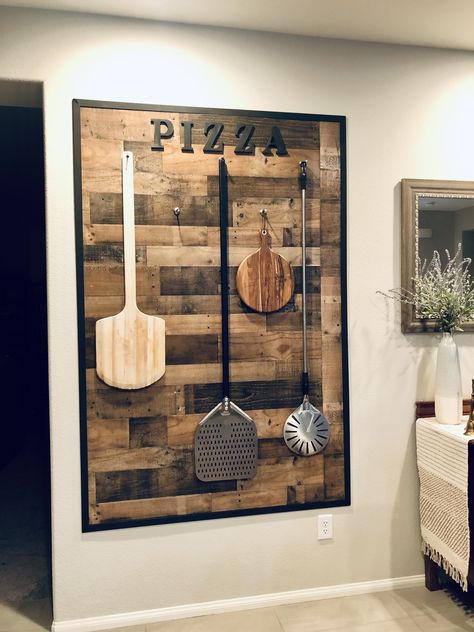 My new Pizza Oven Tool Wall Pizza Board Wall Decor, Pizza Place Decor, Pizza Shop Accent Wall, Pizza Peel Wall Decor, Modern Pizza Shop, Pizza Shop Decor Ideas, Pizza Shop Decor, Pizza Shop Ideas, Pizza Design Restaurants